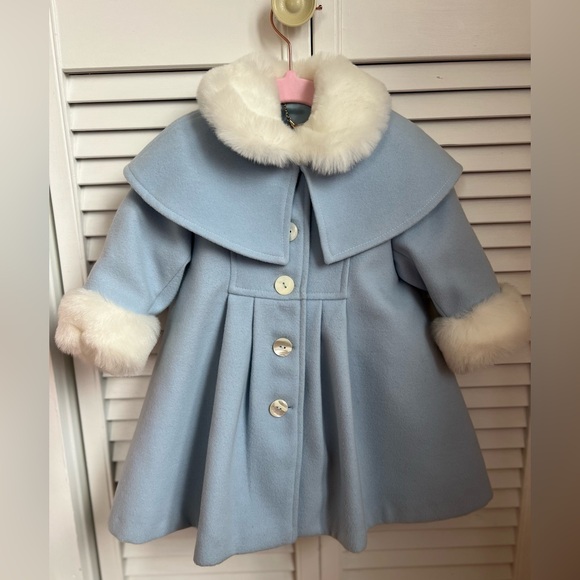 Girls Sarah Louise 12 month formal light blue twirl coat with fur